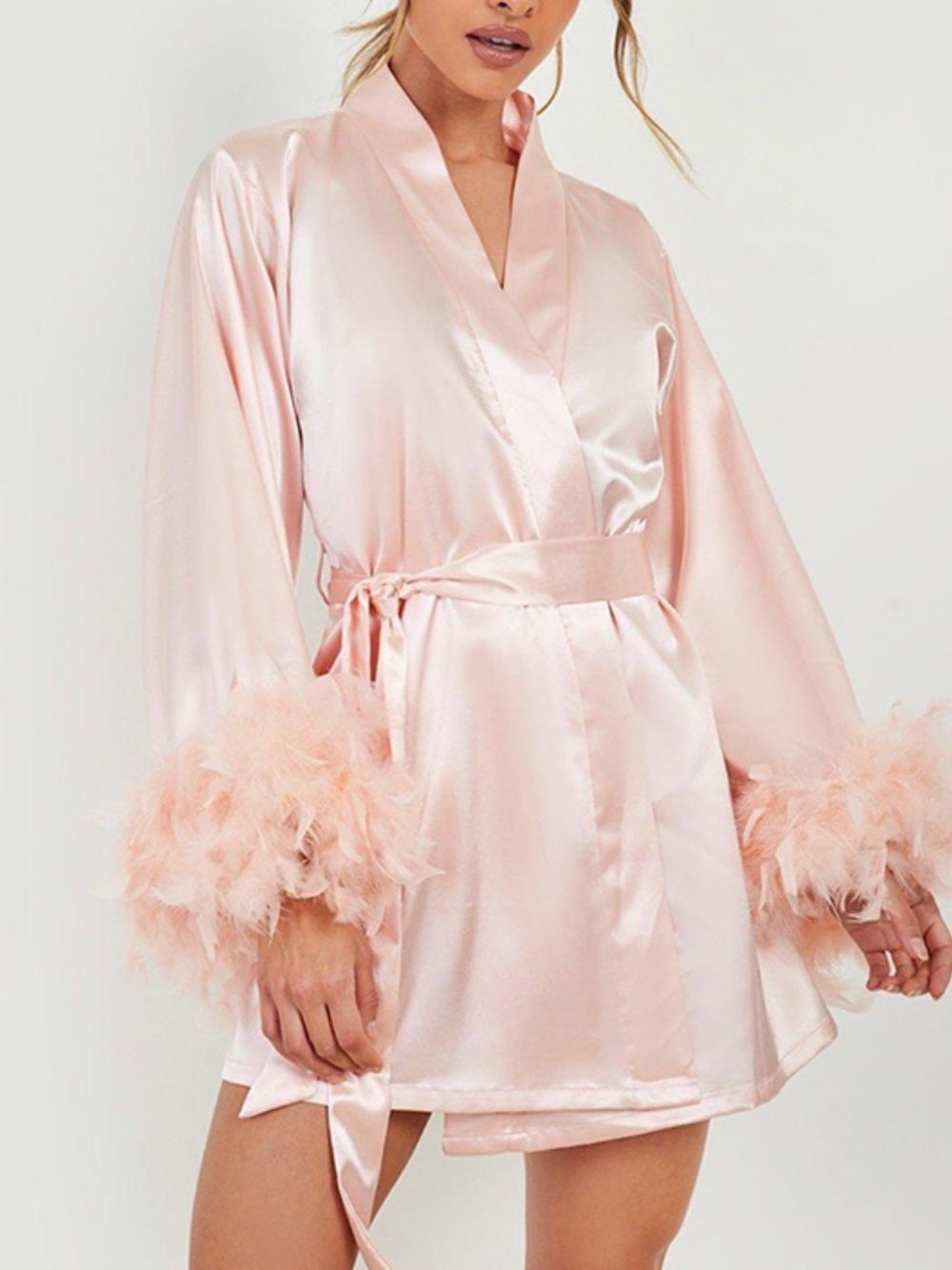 Boohoo Pink Satin Feather Robe